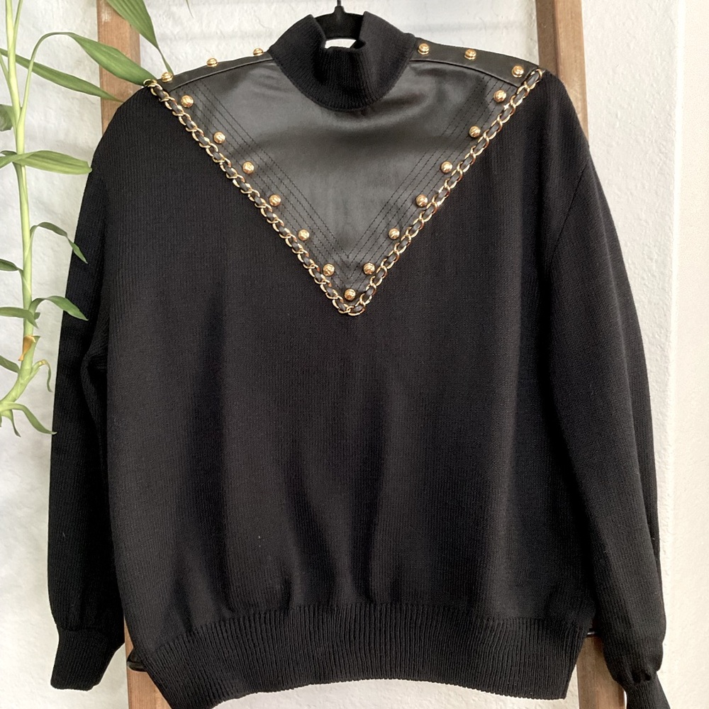 ST. JOHN COLLECTION VINTAGE sweater 80%wool-20%viscose-100% Genuine leather trim